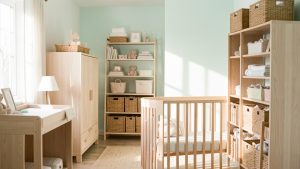 Chambre de bébé douce et lumineuse avec un mobilier en bois clair harmonieux, une table à langer et des rangements pratiques, ambiance apaisante aux tons pastel.