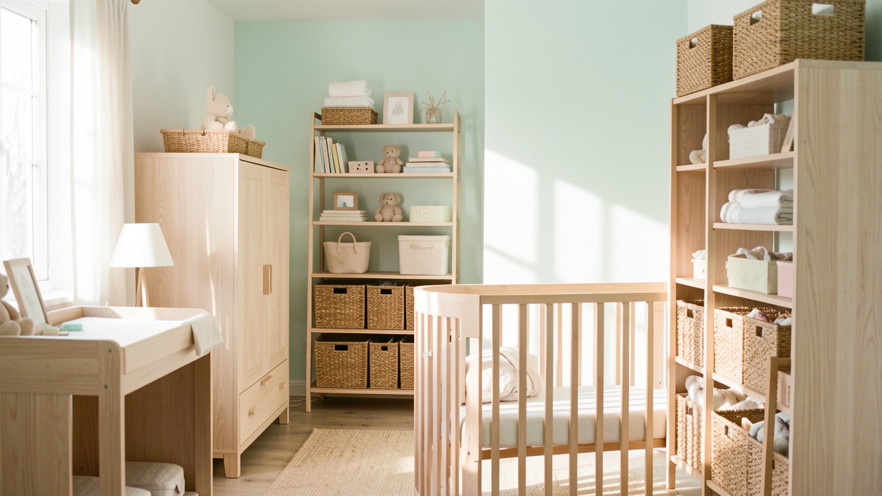 Chambre de bébé douce et lumineuse avec un mobilier en bois clair harmonieux, une table à langer et des rangements pratiques, ambiance apaisante aux tons pastel.