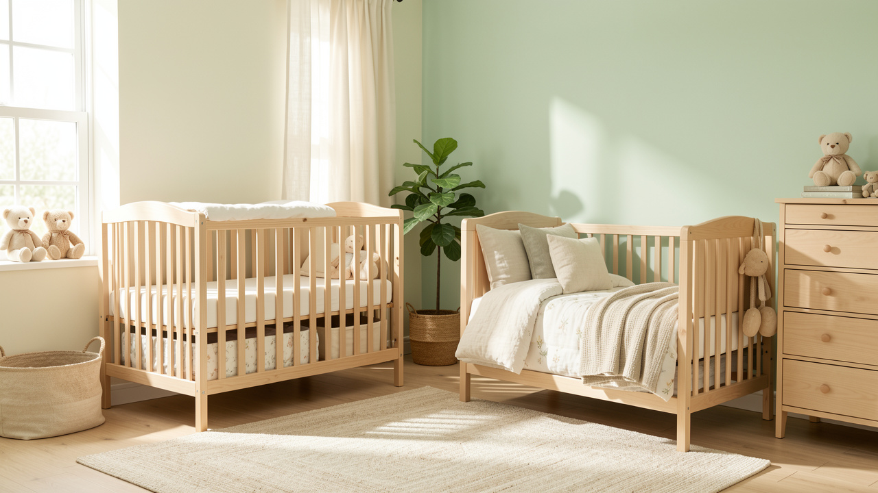 Chambre de bébé douce et lumineuse avec un lit harmonieux, des rangements soignés, des textiles naturels et une ambiance apaisante, éclairée par la lumière du jour.