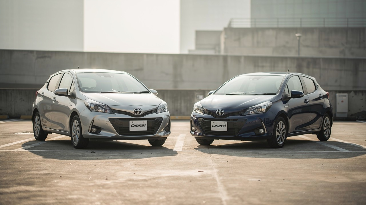 Deux citadines hybrides d’occasion garées sur un parking urbain, vues en angle pour mettre en avant leur gabarit compact et leur usage en ville, sous une lumière naturelle réaliste.
