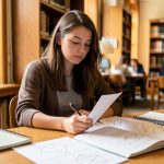 Jeune mathématicienne consultant des documents scientifiques dans une bibliothèque universitaire lumineuse, avec des schémas mathématiques abstraits en arrière-plan.