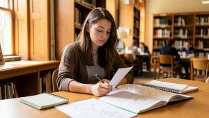 Jeune mathématicienne consultant des documents scientifiques dans une bibliothèque universitaire lumineuse, avec des schémas mathématiques abstraits en arrière-plan.