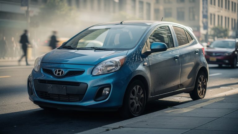 Petite voiture hybride d’occasion stationnée dans une rue urbaine, format citadin, avec circulation dense et flou d’arrière-plan.