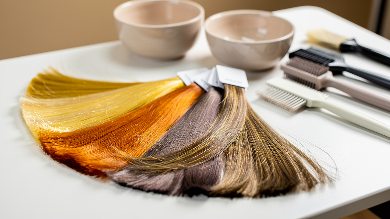 Nuancier de mèches de cheveux aux reflets jaunes, orangés, cendrés et nacrés, accompagné de bols de coloration et de pinceaux sur un plan de travail.