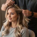Quelle est la différence entre une patine et une coloration classique ? Portrait d’une femme aux cheveux blond beige lumineux pendant qu’un coiffeur applique une patine sur ses longueurs dans un salon sobre éclairé par la lumière naturelle.