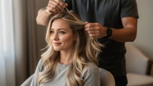 Portrait d’une femme aux cheveux blond beige lumineux pendant qu’un coiffeur applique une patine sur ses longueurs dans un salon sobre éclairé par la lumière naturelle.