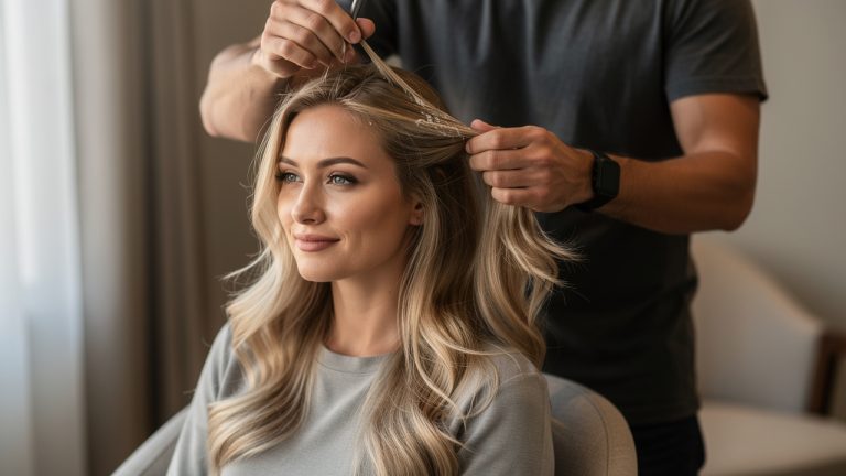 Portrait d’une femme aux cheveux blond beige lumineux pendant qu’un coiffeur applique une patine sur ses longueurs dans un salon sobre éclairé par la lumière naturelle.