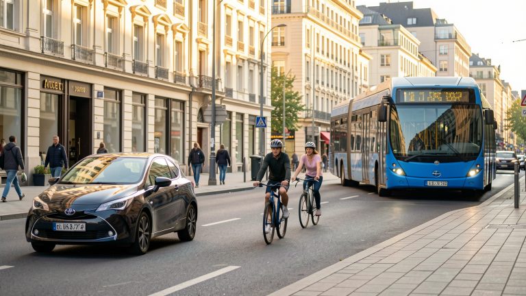 Rue urbaine animée le matin avec un vélo, un homme et une femme à pied, un autobus de transport public et une voiture compacte.