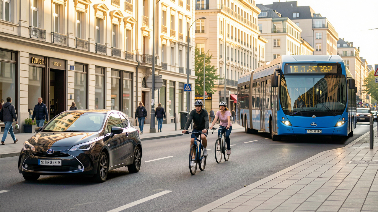 Rue urbaine animée le matin avec un vélo, un homme et une femme à pied, un autobus de transport public et une voiture compacte.