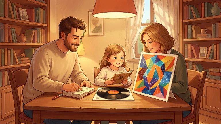 Illustration chaleureuse d’un homme, d’une femme et d’une jeune fille choisissant un livre, un disque et une affiche artistique, avec des textures artisanales distinguées de motifs lumineux évoquant une création par intelligence artificielle.