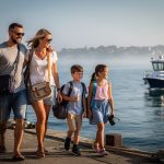 Une famille avec un homme, une femme, un jeune garçon et une jeune fille embarque sur un bateau de croisière à Port-Navalo, avec un phare visible à l’arrière-plan sous une lumière estivale bretonne.