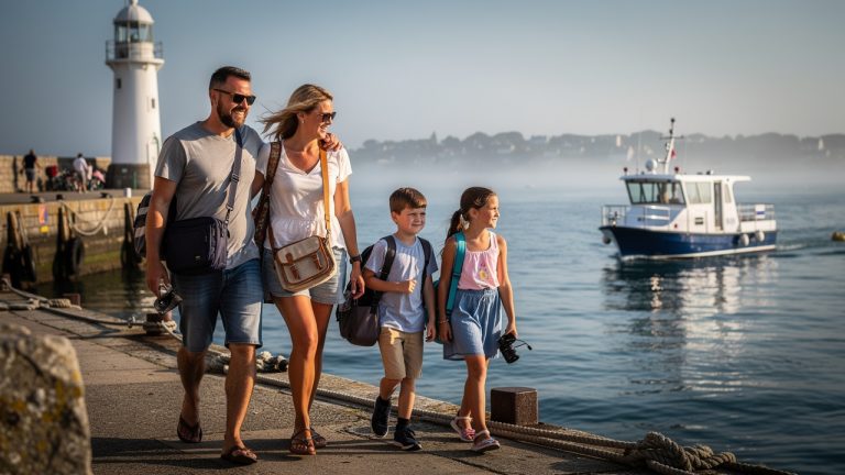 Une famille avec un homme, une femme, un jeune garçon et une jeune fille embarque sur un bateau de croisière à Port-Navalo, avec un phare visible à l’arrière-plan sous une lumière estivale bretonne.