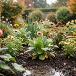 Quelles plantations et quels travaux choisir après les pluies de septembre ? Jardin familial en septembre après une pluie douce, avec des massifs humides, une terre sombre réhumidifiée et une lumière automnale douce.