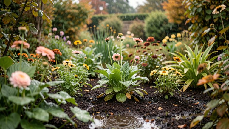 Jardin familial en septembre après une pluie douce, avec des massifs humides, une terre sombre réhumidifiée et une lumière automnale douce.