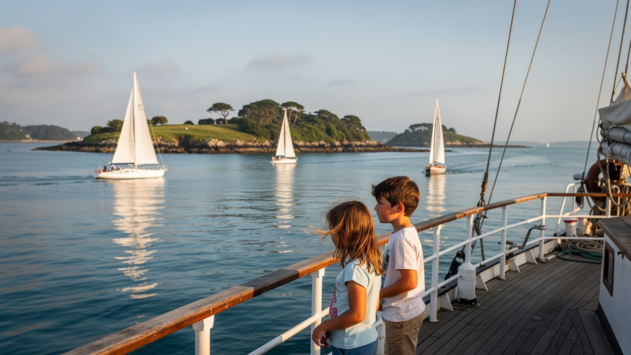 Vue depuis le pont d’un navire sur les îles du golfe du Morbihan, avec un garçon et une fille observant le paysage, des voiliers et une eau calme.
