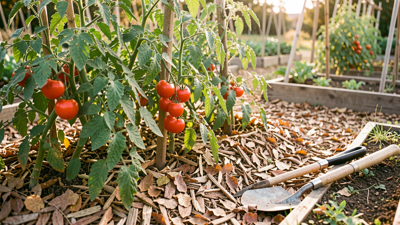 Potager familial en septembre avec des tomates mûres, un paillage de feuilles sèches et des outils de jardin dans une douce lumière de fin d’été.