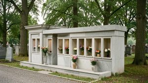 Columbarium contemporain en pierre dans un cimetière arboré de Belgique, orné de petits vases fleuris sous une lumière douce.