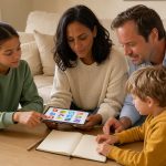 Une famille réunie dans un salon lumineux compare des abonnements de streaming sur une tablette et consulte un carnet de budget familial vierge.