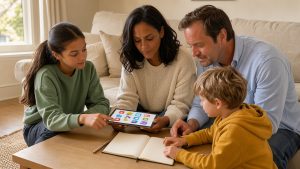 Une famille réunie dans un salon lumineux compare des abonnements de streaming sur une tablette et consulte un carnet de budget familial vierge.