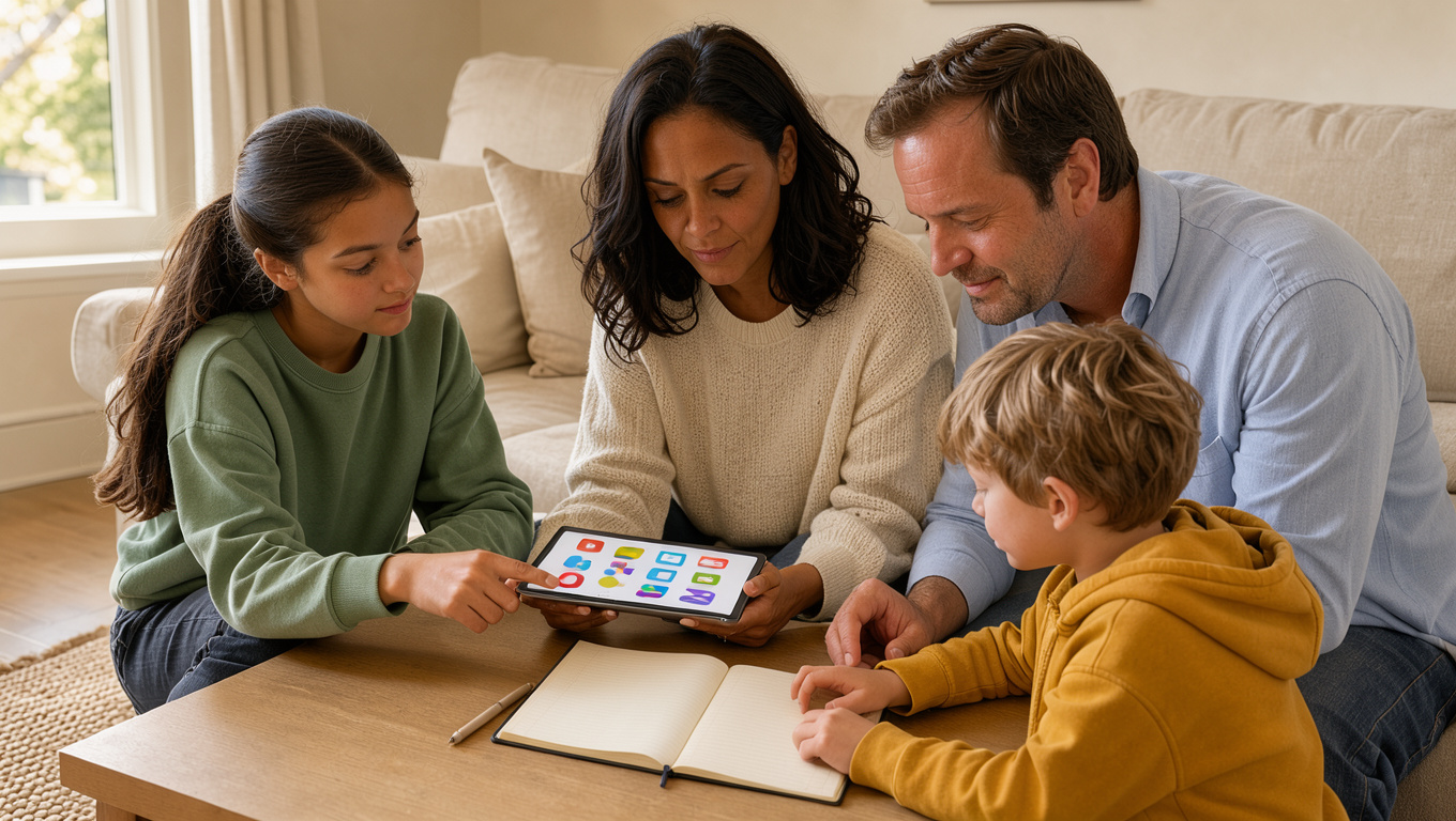 Une famille réunie dans un salon lumineux compare des abonnements de streaming sur une tablette et consulte un carnet de budget familial vierge.