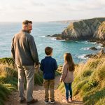 Activités en famille sur la presqu’île de Rhuys Une famille composée d’un homme, d’une femme, d’un garçon et d’une fille admire le littoral breton depuis un sentier ensoleillé près d’Arzon.