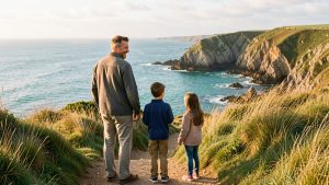 Une famille composée d’un homme, d’une femme, d’un garçon et d’une fille admire le littoral breton depuis un sentier ensoleillé près d’Arzon.