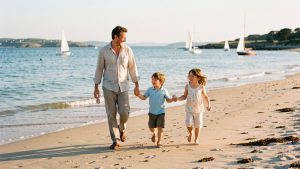 Une famille composée d’un homme, d’une femme et de deux enfants se promène sur une plage du golfe du Morbihan, avec des voiliers visibles au loin dans la lumière estivale.