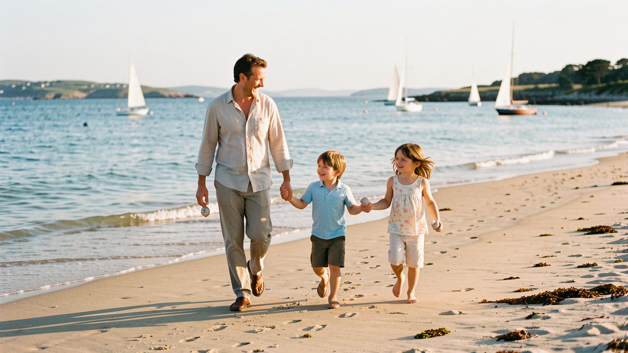 Une famille composée d’un homme, d’une femme et de deux enfants se promène sur une plage du golfe du Morbihan, avec des voiliers visibles au loin dans la lumière estivale.